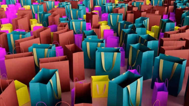 Field of colorful 3D shopping bags in teal, red, purple and yellow representing eCommerce retail