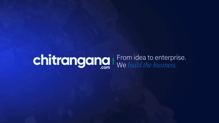 Chitrangana logo with tagline 'From idea to enterprise. We build the business.' on a blue crystalline background