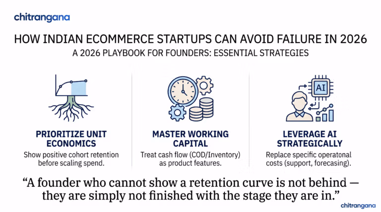 Infographic on how Indian ecommerce startups can avoid failure in 2026, covering unit economics, working capital, and AI strategy